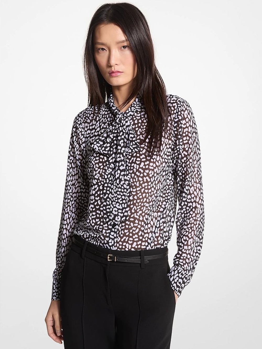 MICHAEL Michael Kors Graphic Leopard Print Georgette Tie-Neck Blouse  XS –NWO